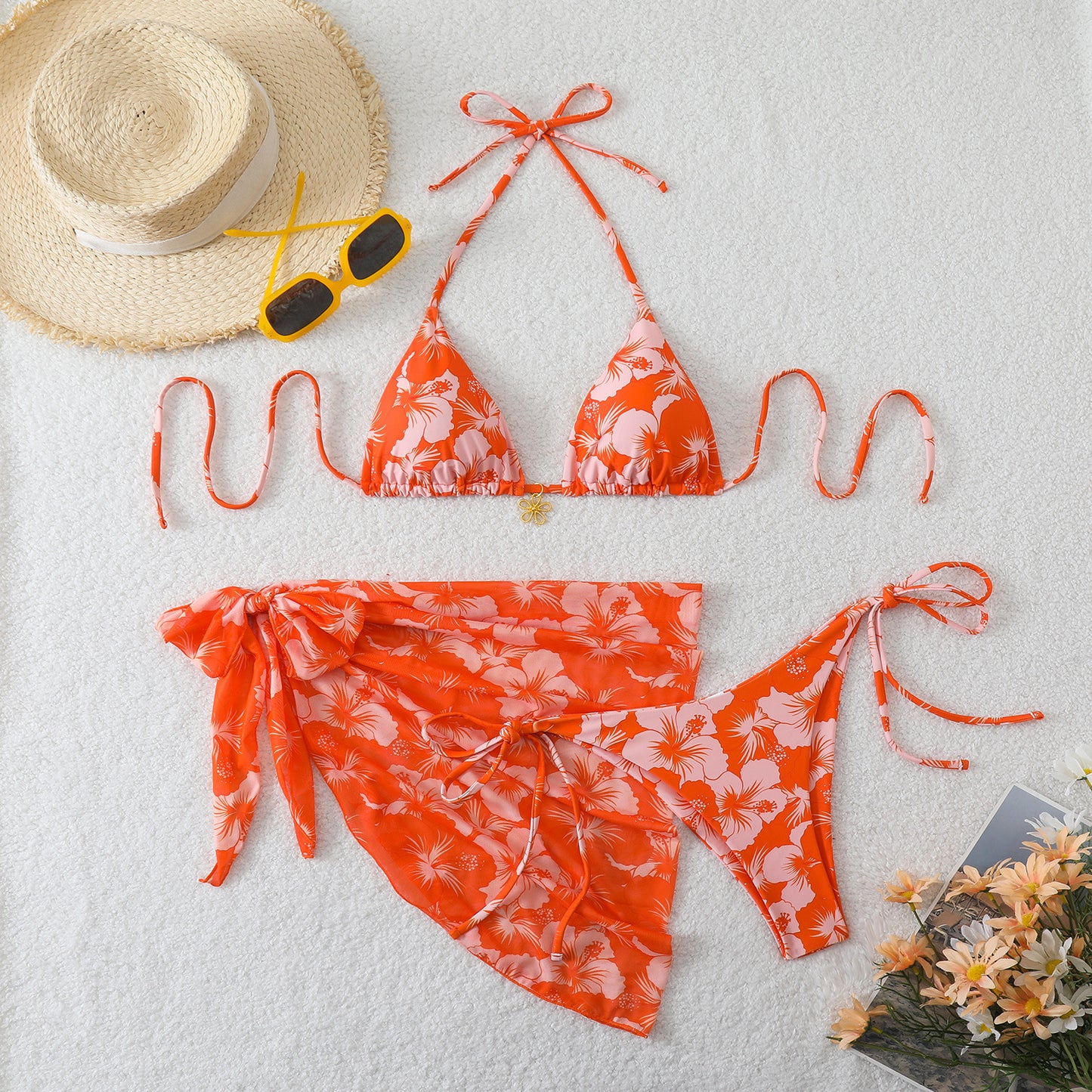 Yarn skirt split bikini multi-color three piece swimsuit