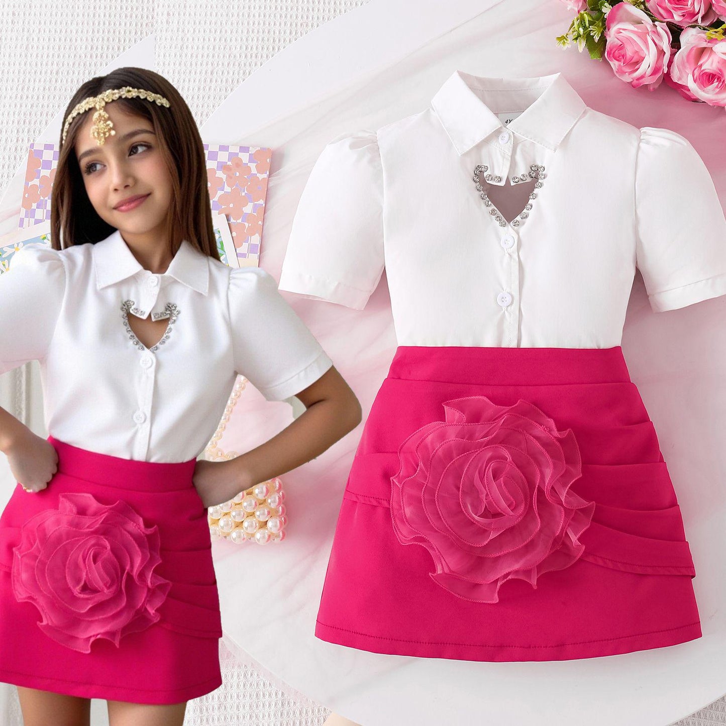 Hollow out shirt three-dimensional flower wrapped hip skirt set