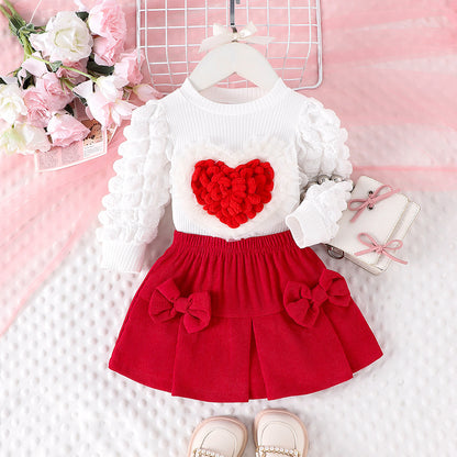 Bubble sleeve heart-shaped top bow short skirt two-piece set