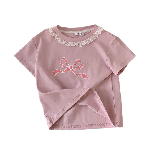 Cute Fitted Short Sleeve T-Shirt for Girls with Lace Peter Pan Collar and Bow Summer Fashion Top