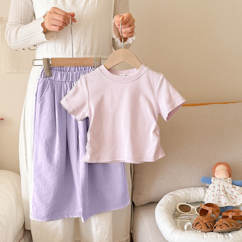 Cute Girls' Summer Outfit Set: Fitted Short Sleeve Top with Wide Leg Harajuku PantsLoose Summer Pants Two-Piece Set