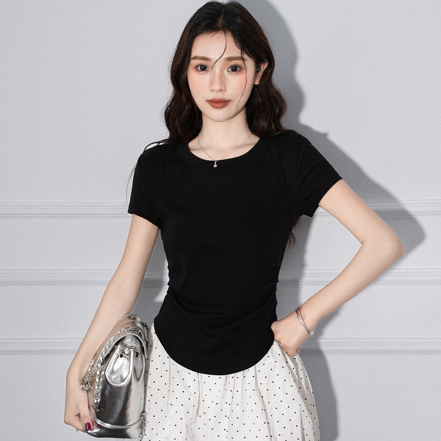 Round Neck Pleated Irregular Hem Short Sleeve T-Shirt for Women