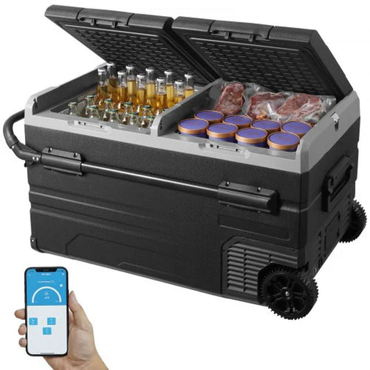 Car Refrigerator, 12 Volt Car Refrigerator Fridge, 115 L Dual Zone Portable Freezer with Wheels and Handle, -4¨H-68¨H, 12/24V DC and 100-240V AC Compressor Cooler for Outdoor, Camping