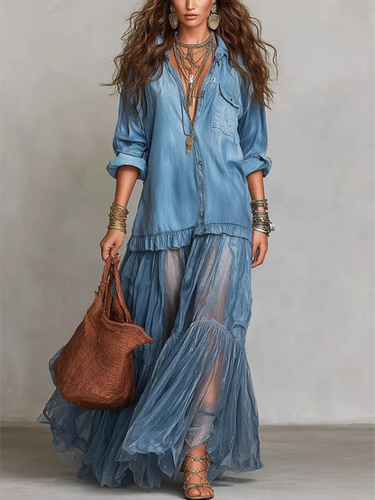 Vintage Denim-like Long Dress Casual Style
