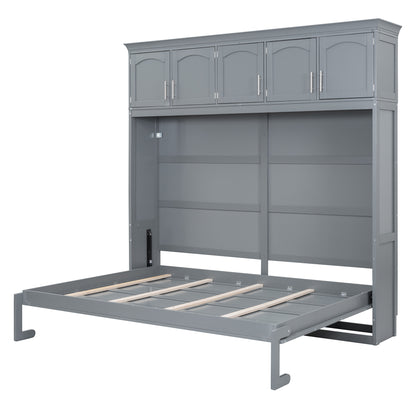 Full Size Murphy Bed Wall Bed with Top Cabinets,Gray