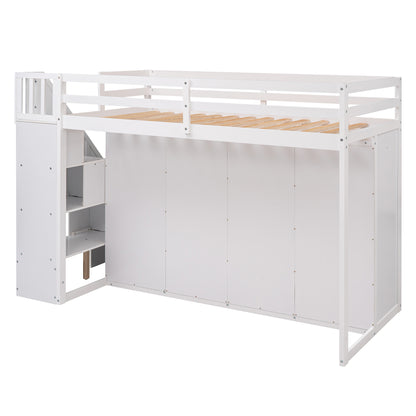 Functional Loft Bed with 3 Shelves, 2 Wardrobes and 2 Drawers, Ladder with Storage, No Box Spring Needed, White