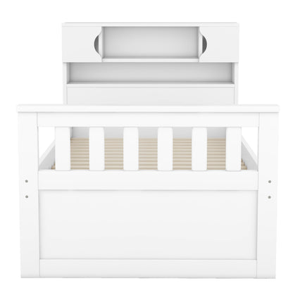 Twin Size Captain Platform Bed Frame with Storage Bookcases and Shelves,Four Drawers,White