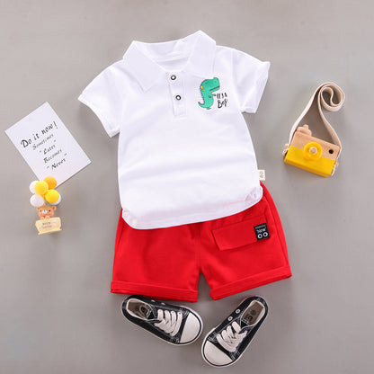 Solid color dinosaur print short sleeved shorts two-piece set