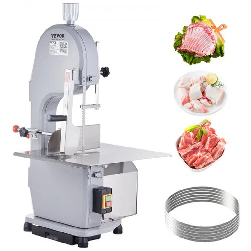 Commercial Electric Meat Bandsaw, 1500W Stainless Steel Countertop Bone Sawing Machine, Workbeach 19.3' X 15', 0.16-7.9 Inch Cutting Thickness, Frozen Meat Cutter with 6 Blades for Rib Pork Beef