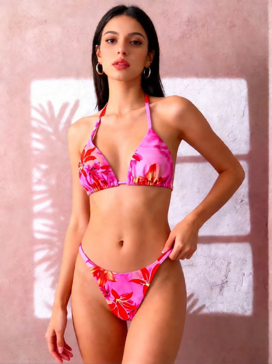 Swimsuit Split Beach Stripe Strap Neck Hanging