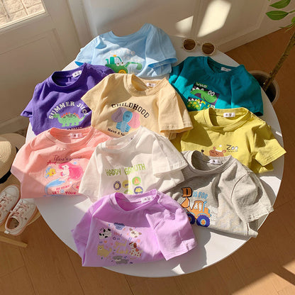 Children's Summer Boy Dinosaur Excavator Print Short Sleeve T-Shirt, Girl Stylish Half Sleeve Baby Cotton T-Shirt