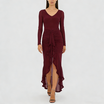 Women's Fashion V-neck Sheer Ruffle Skirt Dress