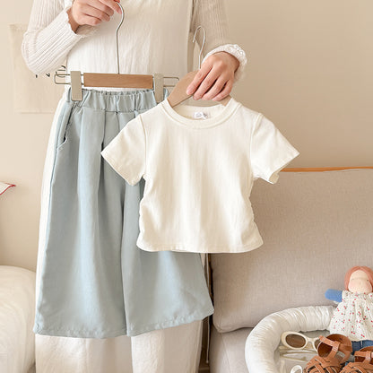 Cute Girls' Summer Outfit Set: Fitted Short Sleeve Top with Wide Leg Harajuku PantsLoose Summer Pants Two-Piece Set