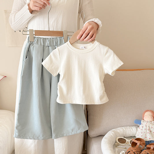 Cute Girls' Summer Outfit Set: Fitted Short Sleeve Top with Wide Leg Harajuku PantsLoose Summer Pants Two-Piece Set