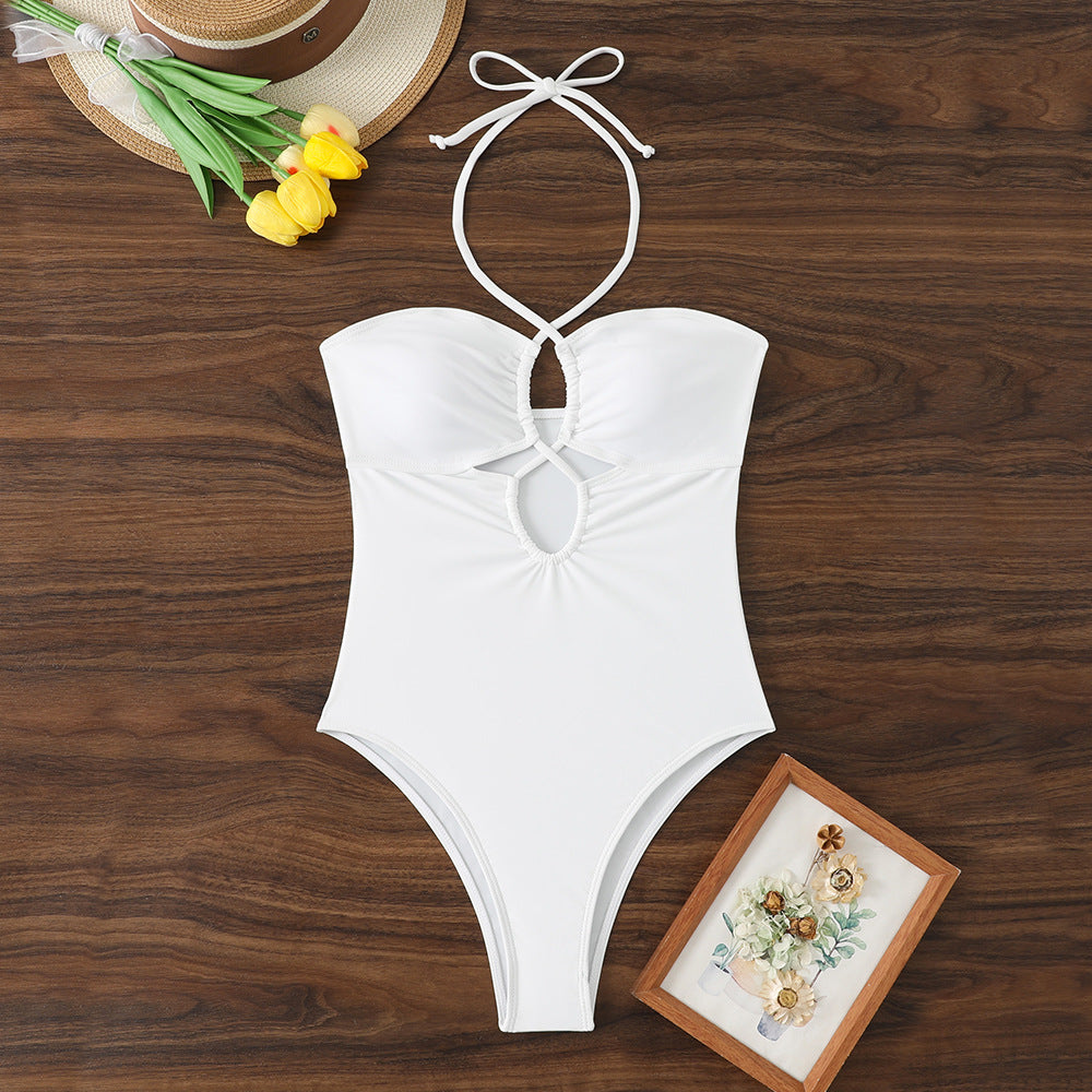 Solid color hollow neck one-piece bikini