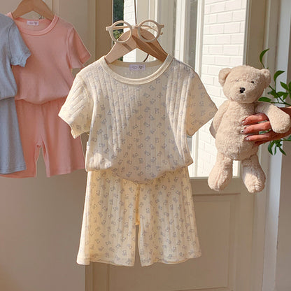 Children's Summer Sleepwear Set, Girls' Lightweight Short Sleeve and Shorts Breathable Cotton Pajamas, Baby Air Conditioning Home Wear