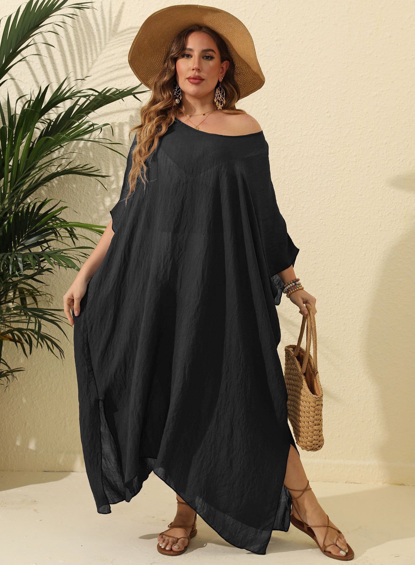 Plus Size Women's Solid Color Loose Beach Vacation Split Floor-Length Dress