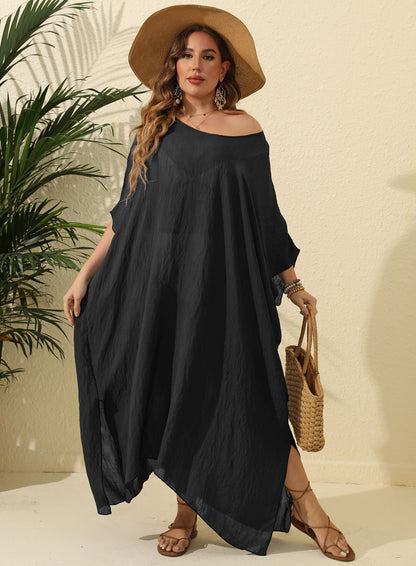 Plus Size Women's Solid Color Loose Beach Vacation Split Floor-Length Dress