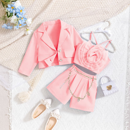 Long sleeved jacket with floral interior paired with shorts three piece set