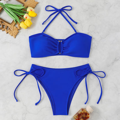 Solid color lace up bikini