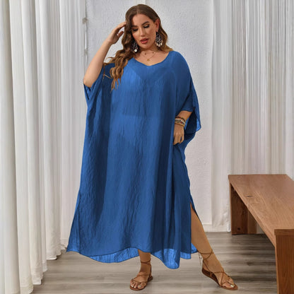 Plus Size Women's Solid Color Loose Beach Vacation Split Floor-Length Dress