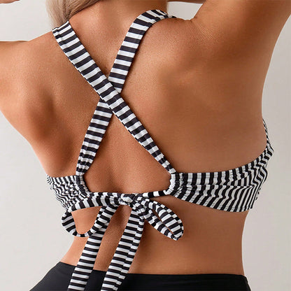Bikini Top with Straps, Stripe Pattern, Neckline Tie, Sexy Design, Crop Top
