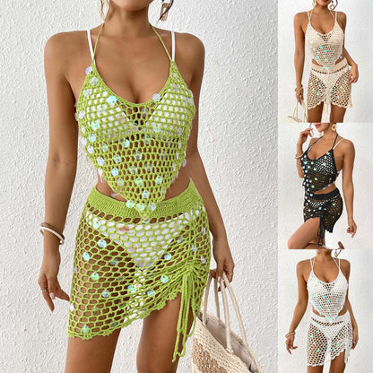 Sequin Spliced Hand-Crocheted Bikini Two-Piece Set with Cover-Up