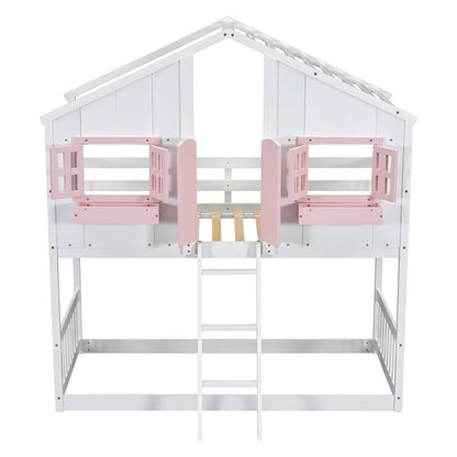 Twin over Twin House Bunk Bed with Roof , Window, Window Box, Door , with Safety Guardrails and Ladder, Pink/White