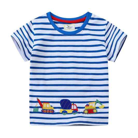 Cartoon Embroidery Round Neck Short Sleeve T-Shirt for Kids