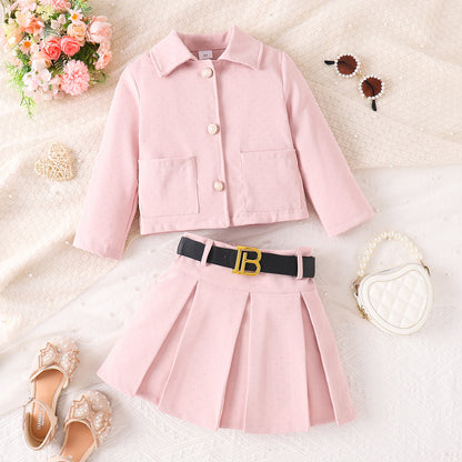 Collar jacket pleated skirt belt set