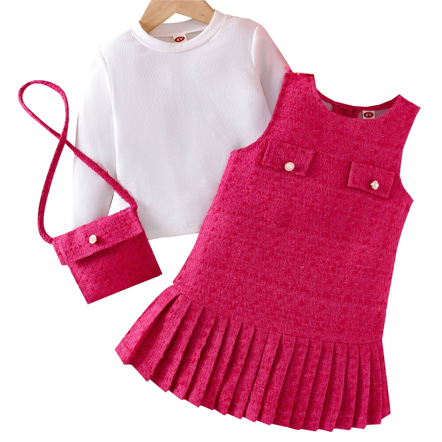 Long sleeved with pink dress and shoulder bag set
