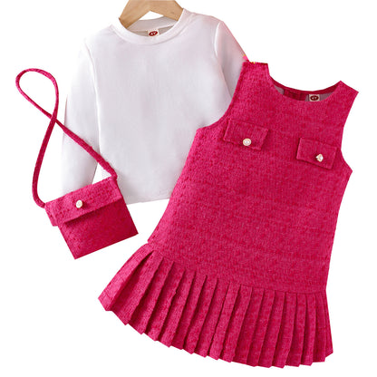 Long sleeved with pink dress and shoulder bag set