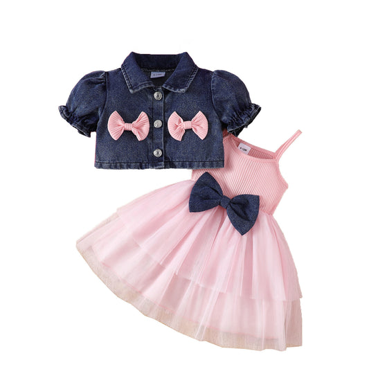 Cowboy bow short sleeved jacket with mesh suspender dress set