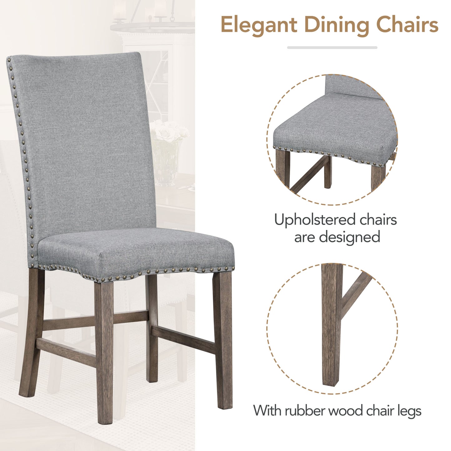 TOPMAX Mid Century Solid Wood 7-Piece Expandable Dining Table Set with Soft Cushioned Chair, Gold Brown+Gray Cushions