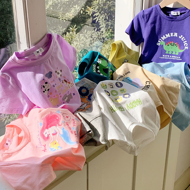 Children's Summer Boy Dinosaur Excavator Print Short Sleeve T-Shirt, Girl Stylish Half Sleeve Baby Cotton T-Shirt