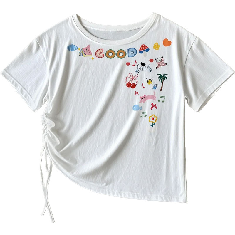 Off-Shoulder Short Sleeve T-Shirt for Women  Cartoon Print Irregular Design Stylish Top