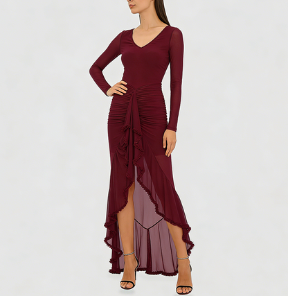 Women's Fashion V-neck Sheer Ruffle Skirt Dress