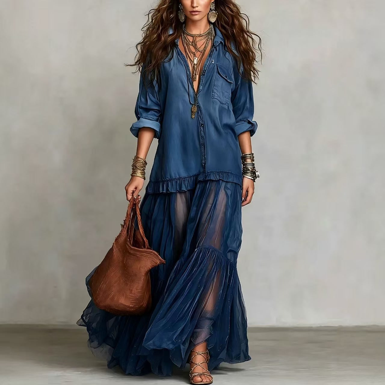 Vintage Denim-like Long Dress Casual Style