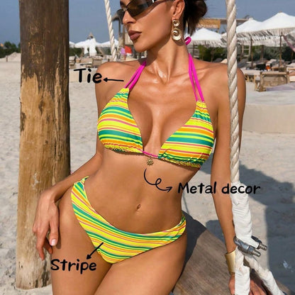 Swimsuit Split Beach Stripe Neck Strap