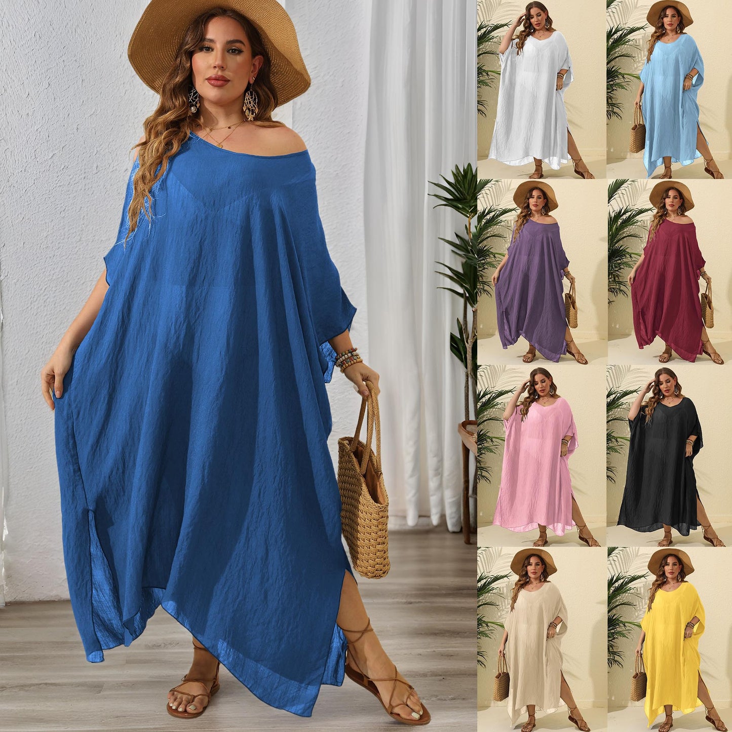 Plus Size Women's Solid Color Loose Beach Vacation Split Floor-Length Dress