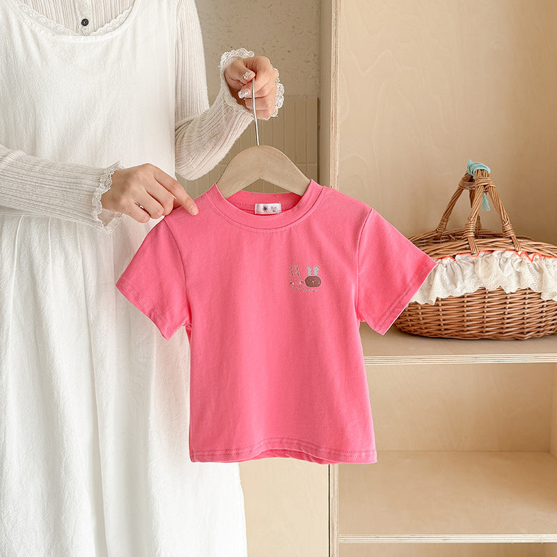 Children's Cotton Short Sleeve T-Shirt Rabbit Print Cartoon Summer Wear, New Fashionable Baby Top for Boys and Girls