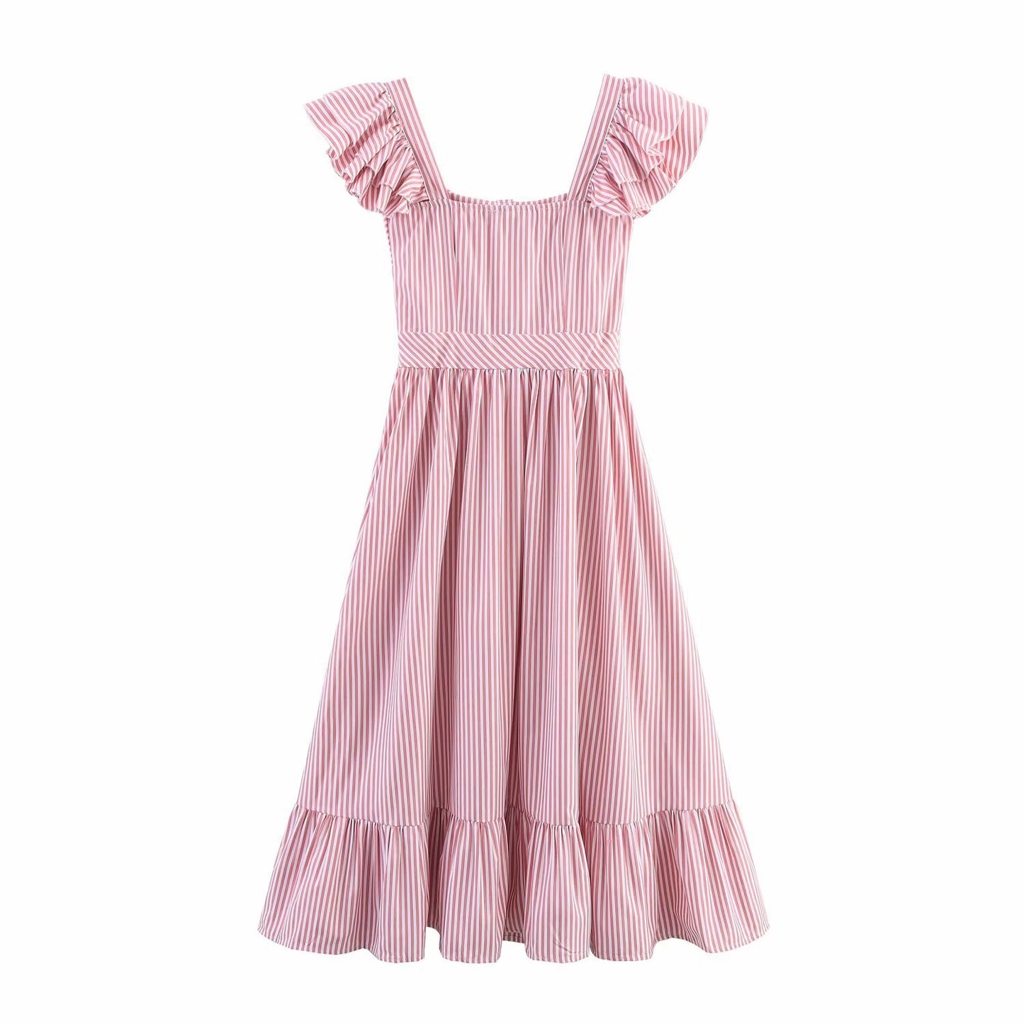 Single breasted striped ruffle edge waist cinched dress