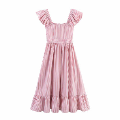 Single breasted striped ruffle edge waist cinched dress