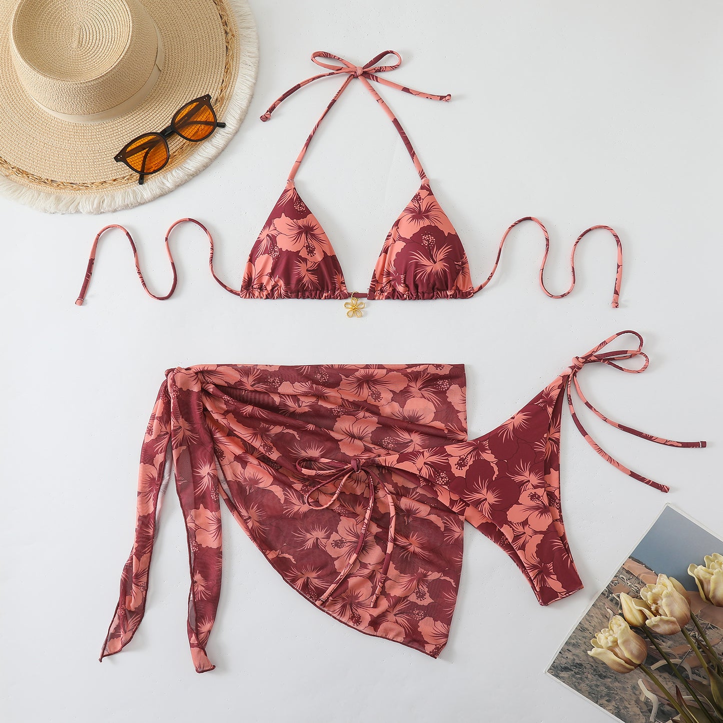 Yarn skirt split bikini multi-color three piece swimsuit
