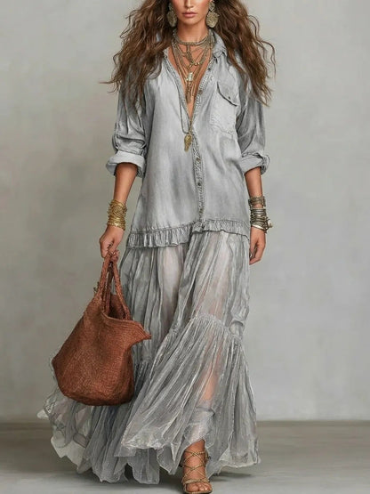Vintage Denim-like Long Dress Casual Style