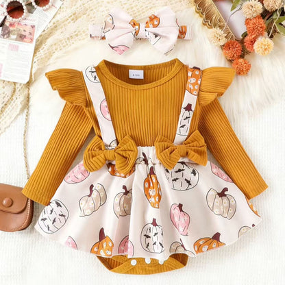 Long sleeved pumpkin print skirt jumpsuit