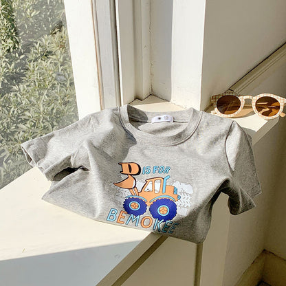 Children's Summer Boy Dinosaur Excavator Print Short Sleeve T-Shirt, Girl Stylish Half Sleeve Baby Cotton T-Shirt
