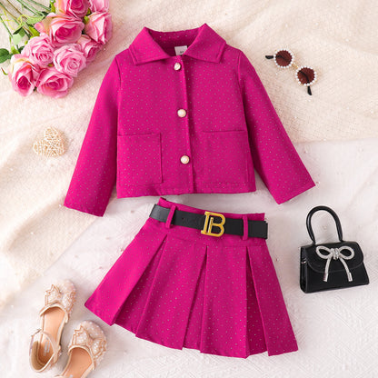 Collar jacket pleated skirt belt set