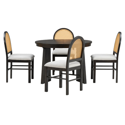 TREXM 5-piece retro functional cutlery set with 1 expandable dining table and 4 cushioned chairs with rattan backrests (espresso