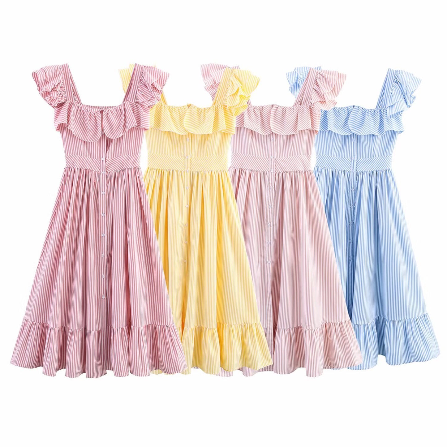 Single breasted striped ruffle edge waist cinched dress